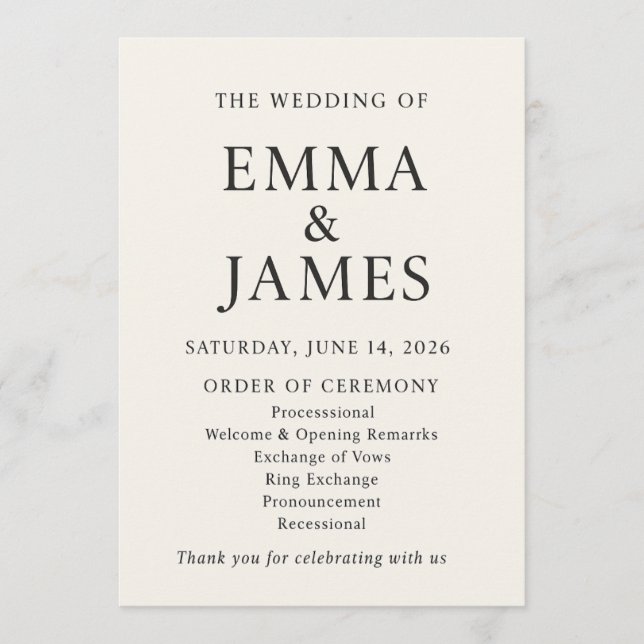 Minimal Elegant Wedding Program | Ivory Ceremony Programm (Vorderseite)