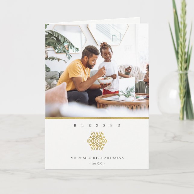 Minimal Elegante Gold Snowflake Foto gesegnet Karte (Vorderseite)