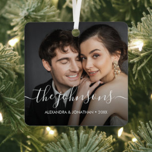 Minimal elegante Namensschrift Couple Foto Weihnac Ornament Aus Metall