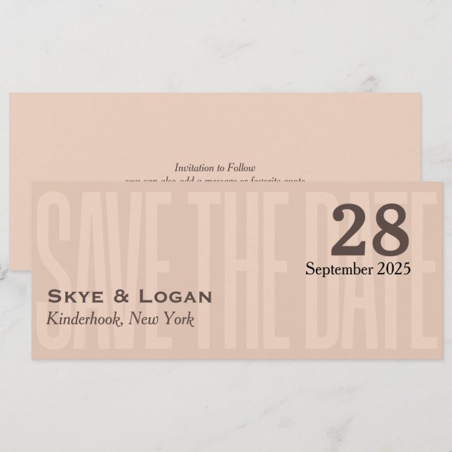 Minimal Elegante Typografie Mocha Slim Save The Date (Vorne/Hinten)