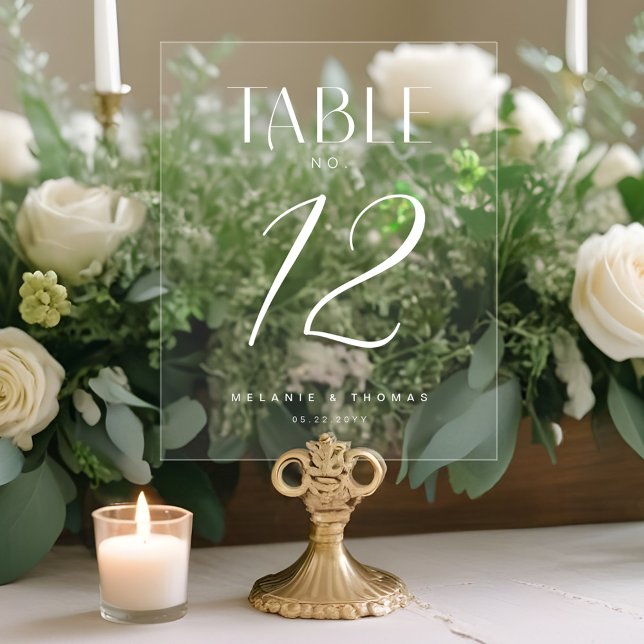 Minimal elegante White Script Wedding Tischnummer Acrylschild (Minimal Elegant Black Script Wedding Table Number Acrylic Sign)
