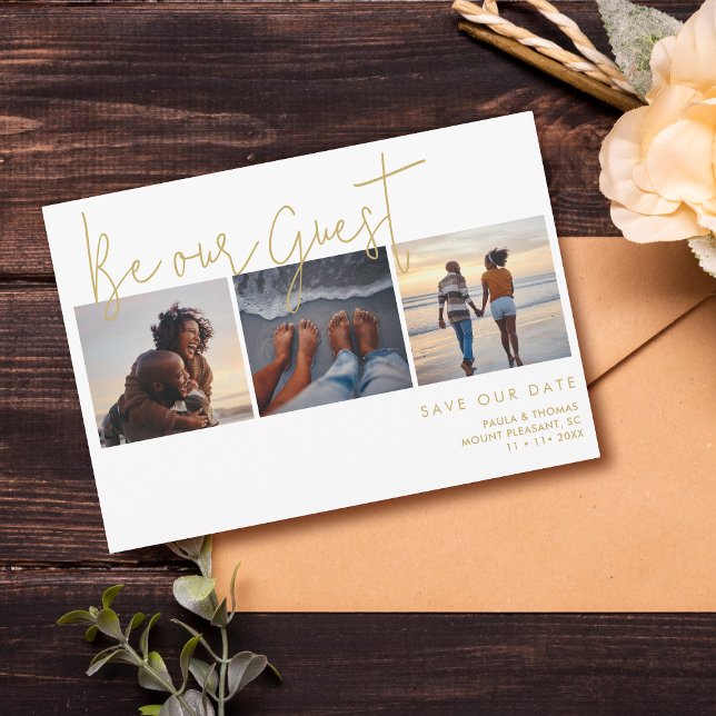 Minimal Elegantes Fake Gold Effekt 3 Fotos Hochzei Save The Date (Minimal Elegant Fake Gold Effect 3 Photos Wedding Save the Dates Cards with Envelope.)