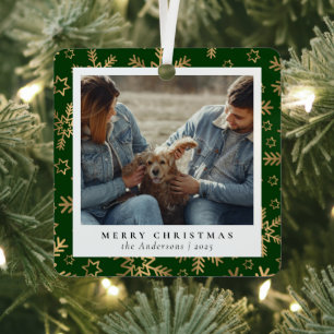 Minimal Elegantes Grün Gold Weihnachtscoupel Foto Ornament Aus Metall
