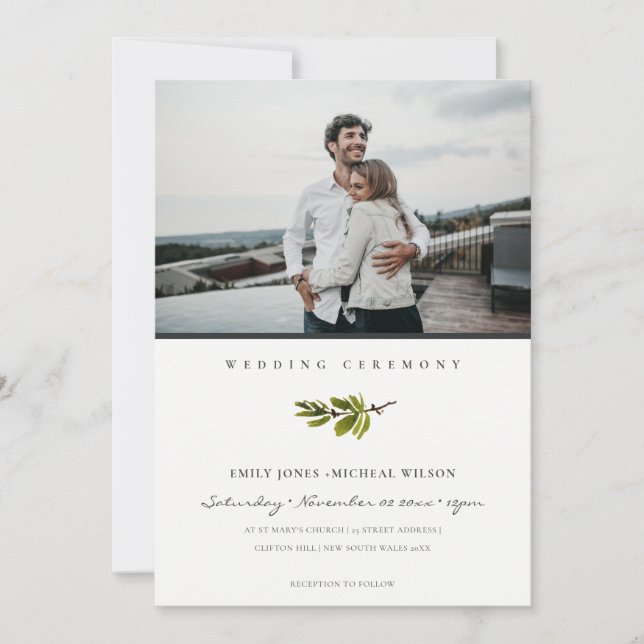 Minimal Elegantes Pine Branch Foto Hochzeit einlad Dankeskarte (Vorderseite)