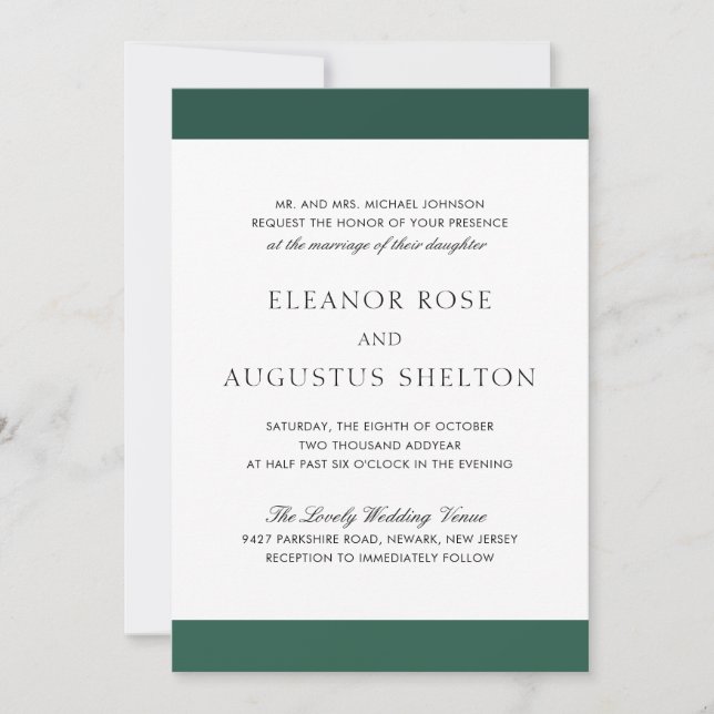 Minimal Emerald Green Elegant Moderne Hochzeit Einladung (Vorderseite)