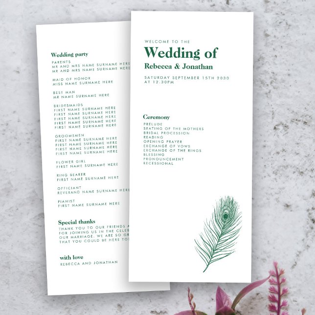 Minimal Emerald Green Feather Wedding Program (Von Creator hochgeladen)