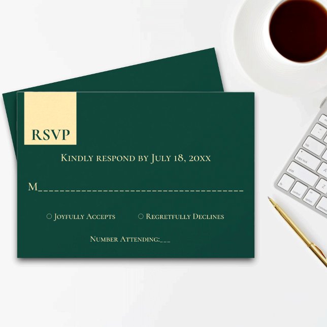 Minimal Emerald Green Gold Klasse Elegante Hochzei RSVP Karte (Von Creator hochgeladen)