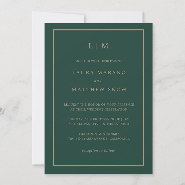 Minimal Emerald Green Monogram Simple Wedding Einladung (Vorderseite)