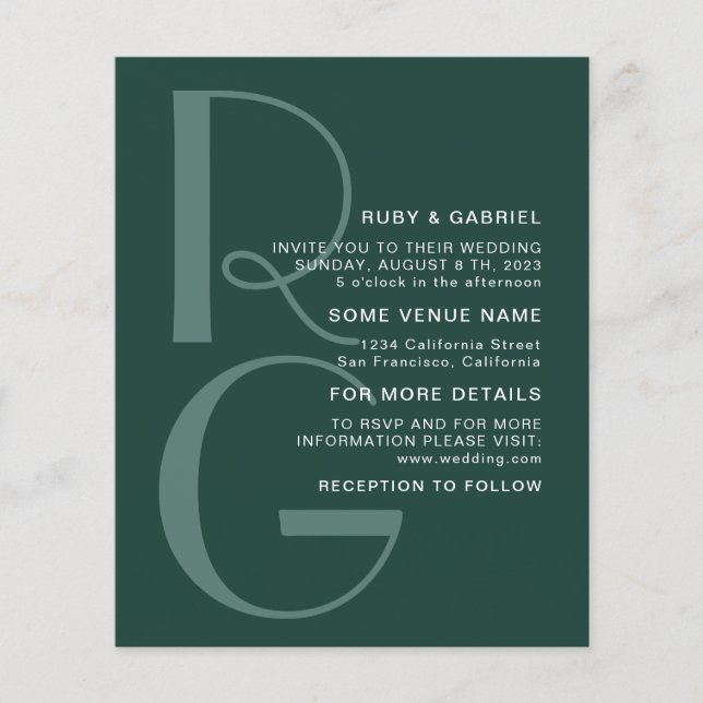 Minimal Emerald Green Typografy Monogram Wedding Flyer (Vorne)