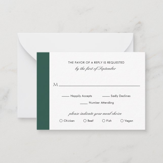 Minimal Emerald Green Wedding Mini RSVP Card Mitteilungskarte (Vorderseite)