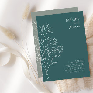 Minimal Emerald Green White Wildblumen Hochzeit Einladung