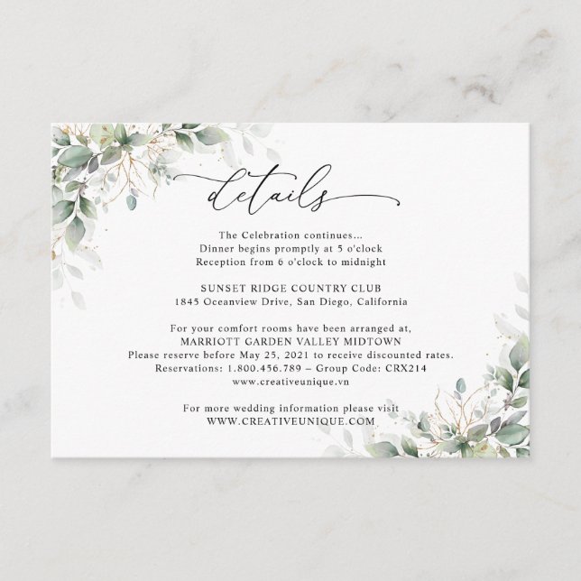 Minimal Eucalyptus Wedding Details Card Begleitkarte (Vorderseite)
