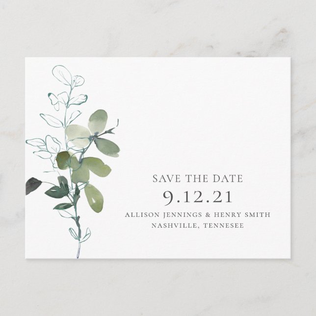 Minimal Eukalyptus Greenery Wedding Save the Date Ankündigungspostkarte (Vorderseite)