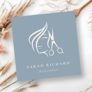Minimal Fairstylist Dusky Blue Hair Scissor Quadratische Visitenkarte
