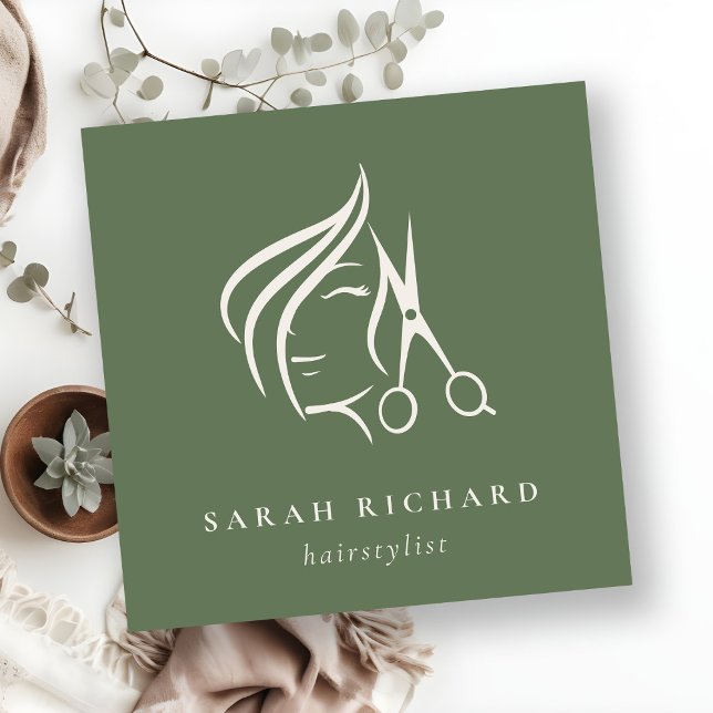 Minimal Fairstylist Dusky Moss Green Hair Schere Quadratische Visitenkarte (Von Creator hochgeladen)