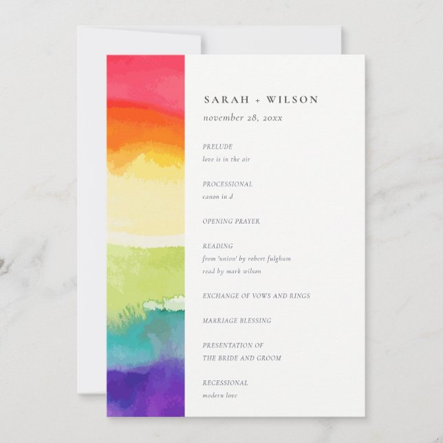 Minimal farbenfrohe Rainbow-Hochzeitsprogramm Einladung (Vorderseite)