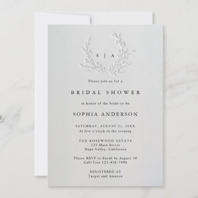 Minimal Faux Blind Deboss Cotton Bridal Shower Einladung (Vorderseite)