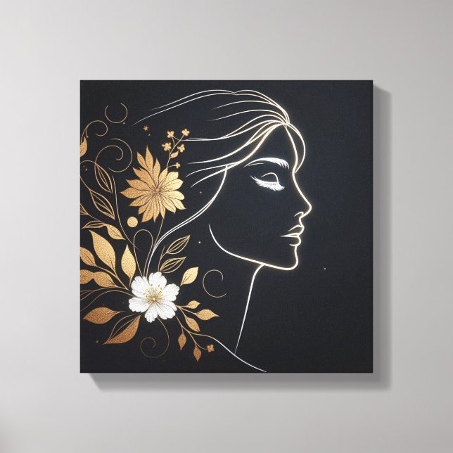 Minimal Feminine Line Art with Golden Flowers Leinwanddruck (Vorderseite)