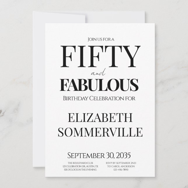 Minimal Fifty and Fabulous 50th Birthday Party Einladung (Vorderseite)
