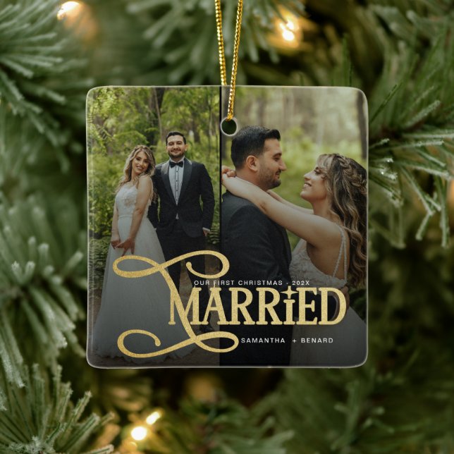 Minimal First Christmas Married Couples 2 Photos Keramikornament (Baum)