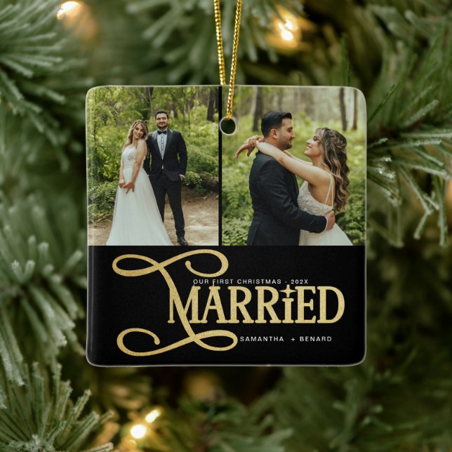 Minimal First Christmas Married Couples 2 Photos Keramikornament (Baum)