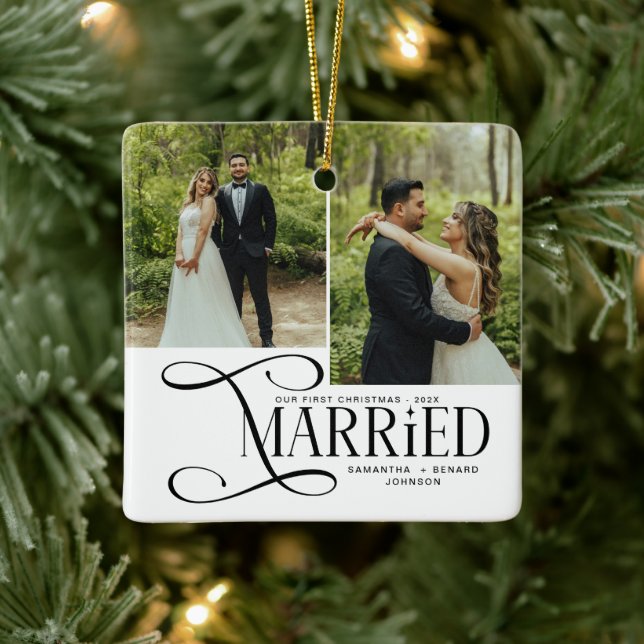Minimal First Christmas Married Couples 2 Photos Keramikornament (Baum)