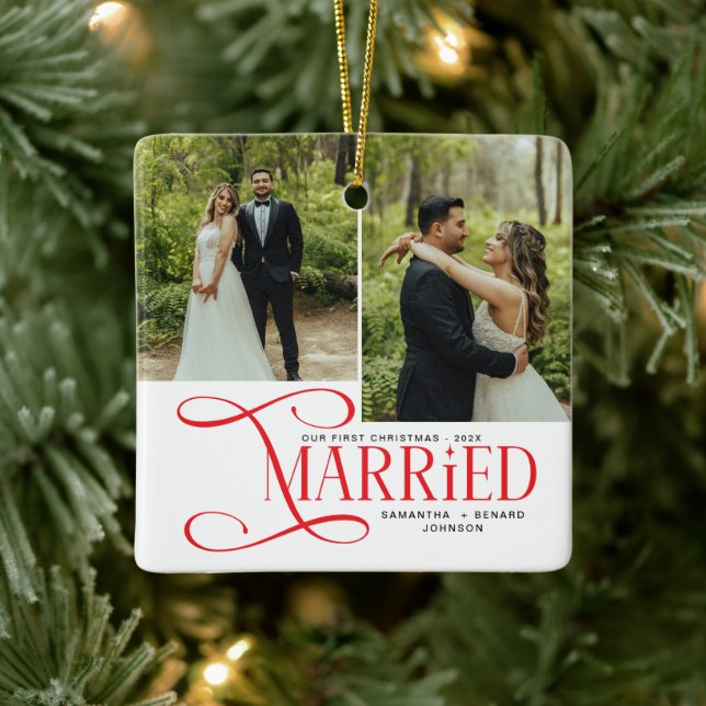 Minimal First Christmas Married Couples 2 Photos Keramikornament (Baum)