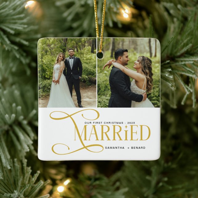 Minimal First Christmas Married Couples 2 Photos Keramikornament (Baum)
