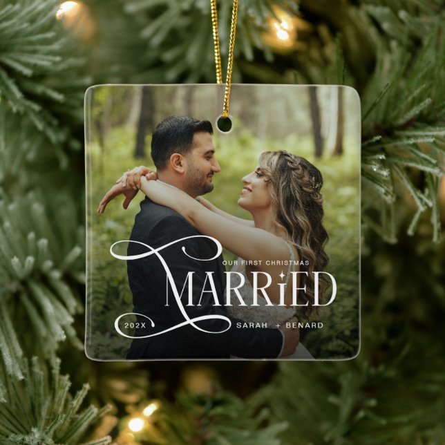 Minimal First Christmas Married Couples 2 Photos Keramikornament (Baum)