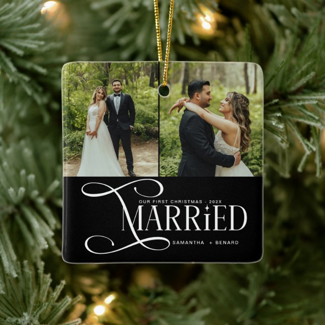 Minimal First Christmas Married Couples 2 Photos Keramikornament (Baum)