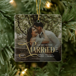 Minimal First Christmas Married Couples Photo Keramikornament