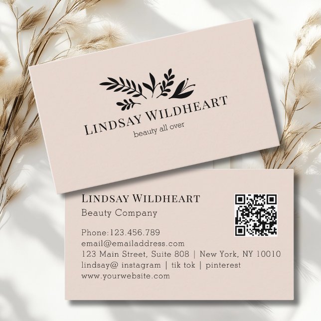 Minimal Floral Beige-Blush Botanical  QR Code Visitenkarte (Minimal Floral Beige - Blush Botanical Beauty QR Code Business Card)