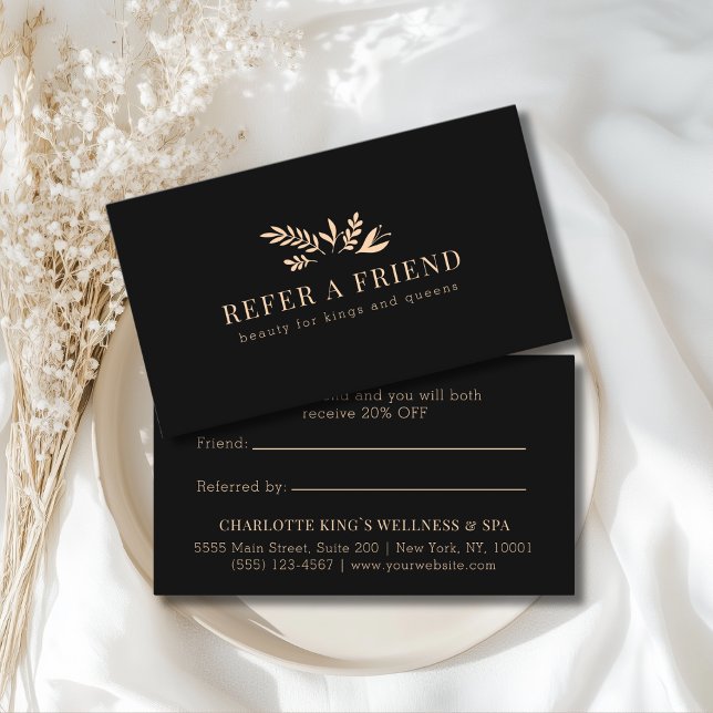 Minimal Floral Black Botanical  Empfehlungskarte (Custom Minimal Floral Black Botanical Referral Card)