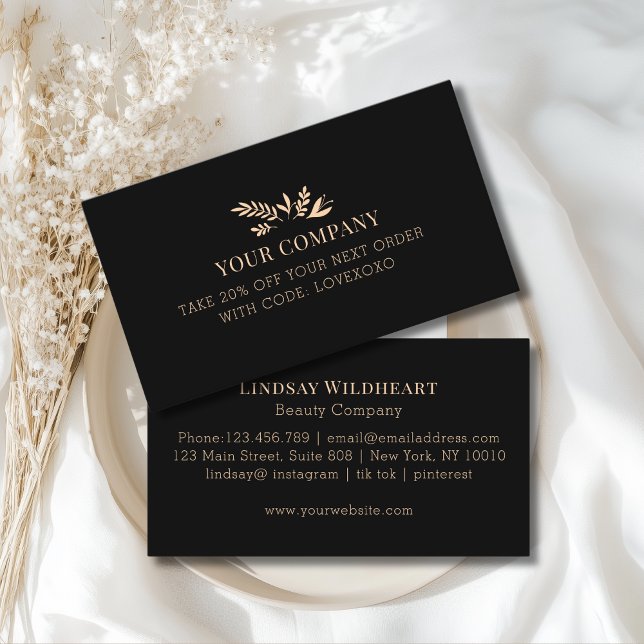 Minimal Floral Black Botanical Salon Discount Card Rabattkarte (Custom Minimal Floral Black Botanical Salon Discount Card)