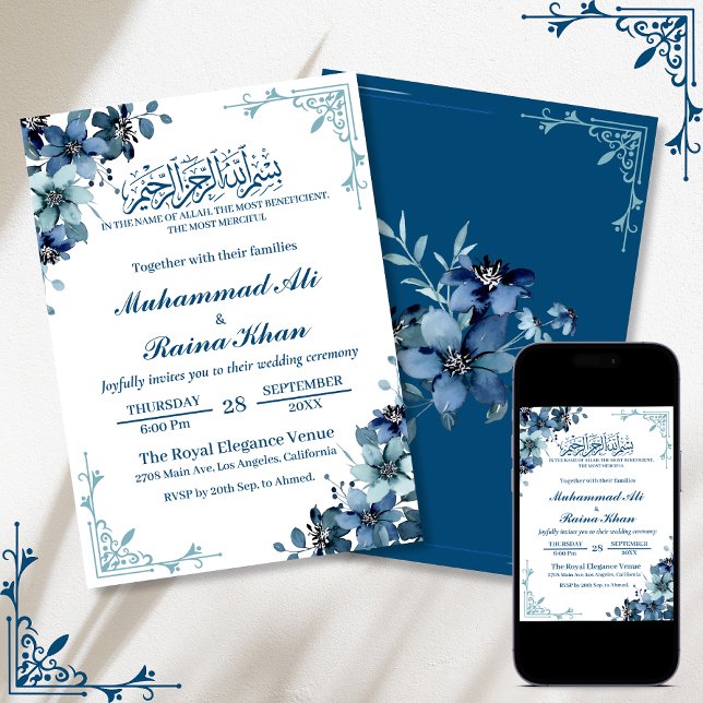 Minimal Floral Blue Bismillah Wedding Einladung (Von Creator hochgeladen)