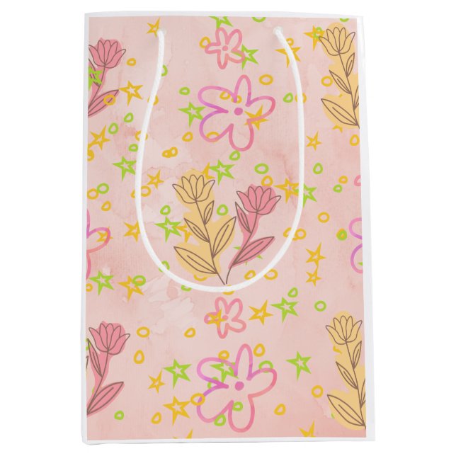 Minimal Floral Doodle Pattern –Pastel Pink pattern Mittlere Geschenktüte (Vorderseite)