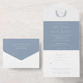 Minimal floral Dusty Blue Wappen Monogram Wedding All In One Einladung