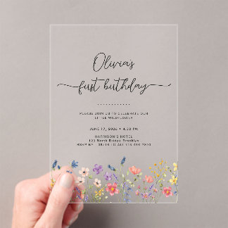 Minimal Floral First Birthday Acrylic Invitation Acryleinladungen