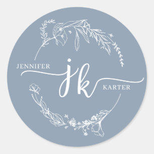 Minimal floral Wreath Dusty Blue Monogram Wedding Runder Aufkleber