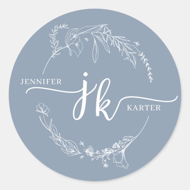 Minimal floral Wreath Dusty Blue Monogram Wedding Runder Aufkleber (Vorderseite)