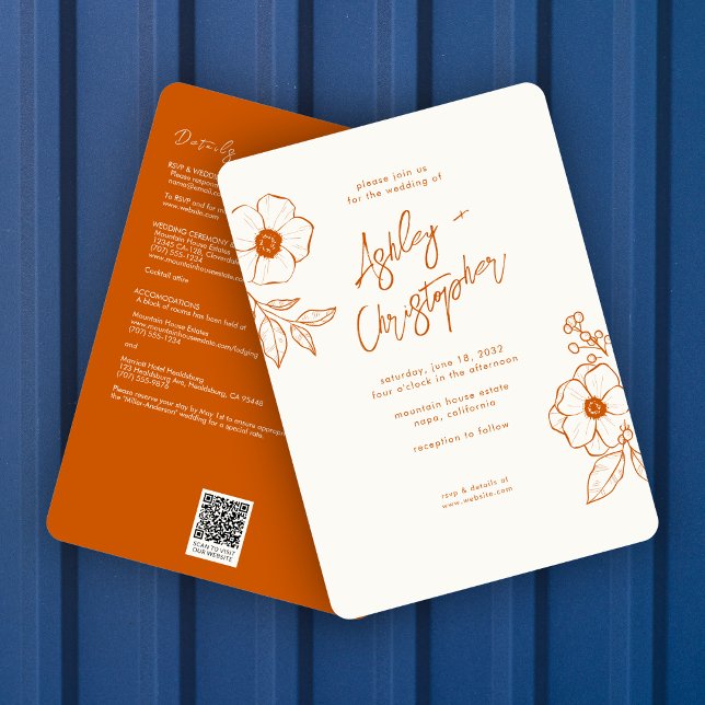 Minimal florale Botanische Orange All-in-One Hochz Einladung (Von Creator hochgeladen)