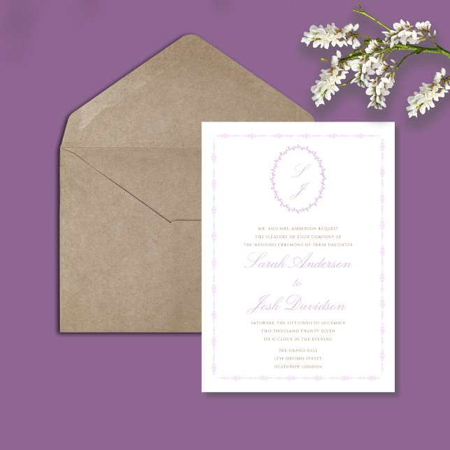 Minimal florale Monogramm des Lavenders Elegant Einladung (Von Creator hochgeladen)