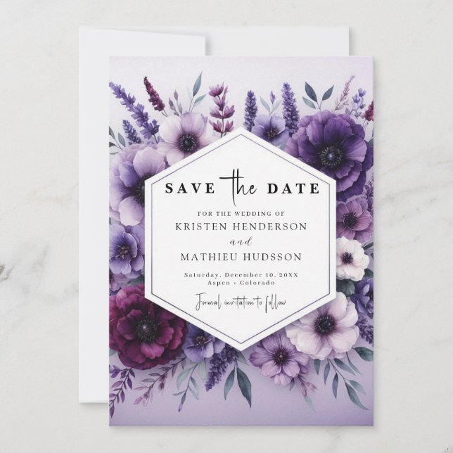 Minimal Florals Lila Blumenhochzeit Save The Date (Vorderseite)