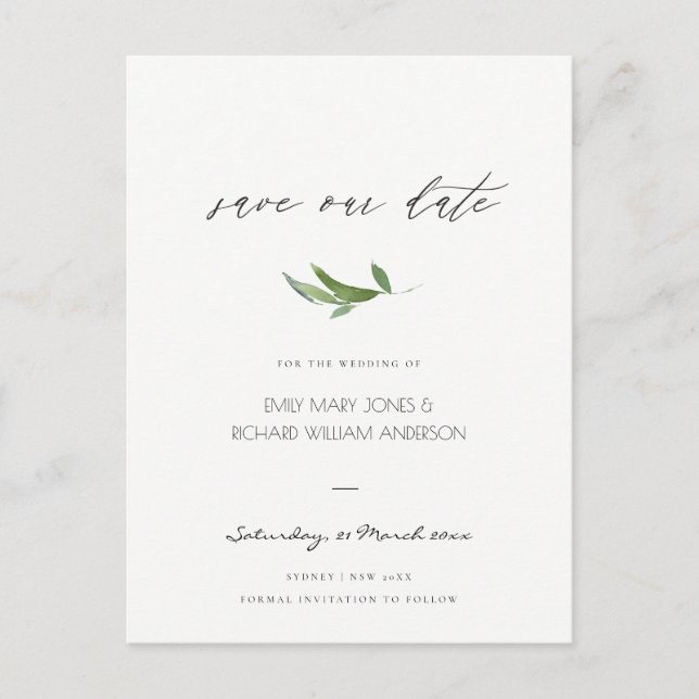 MINIMAL FOLIAGE GREENEREY WATERCOLOR SAVE THE DATE ANKÜNDIGUNGSPOSTKARTE (Vorderseite)