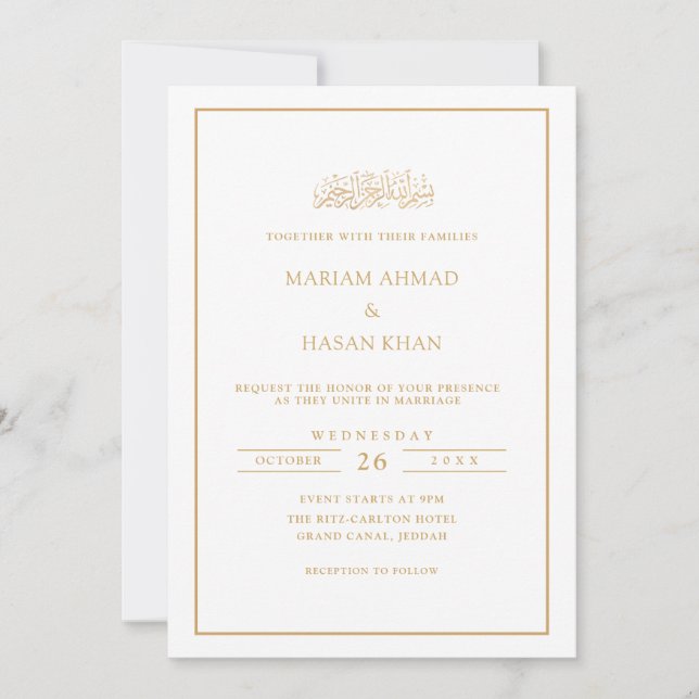 Minimal Formal Script Gold Frame Muslim Wedding Einladung (Vorderseite)