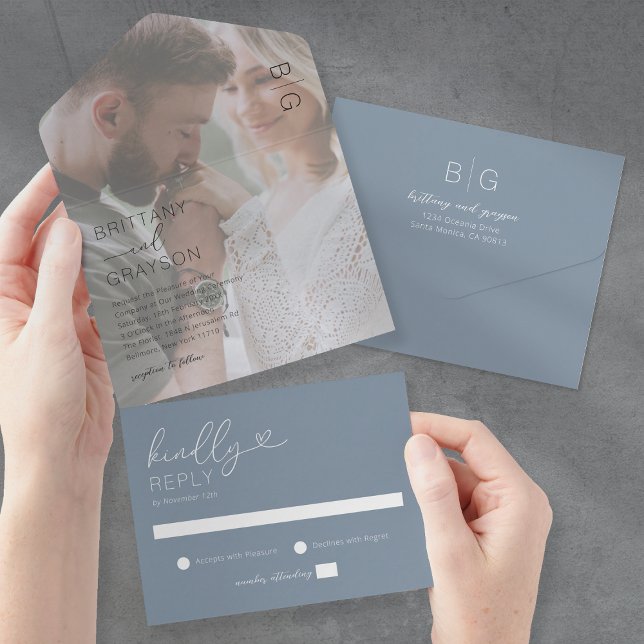 Minimal Foto Dusty Blue Wedding All In One Einladung (Von Creator hochgeladen)