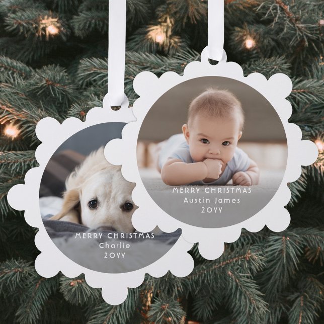 Minimal Foto Overlay White Text Frohe Weihnachten Ornament Karte (Von Creator hochgeladen)