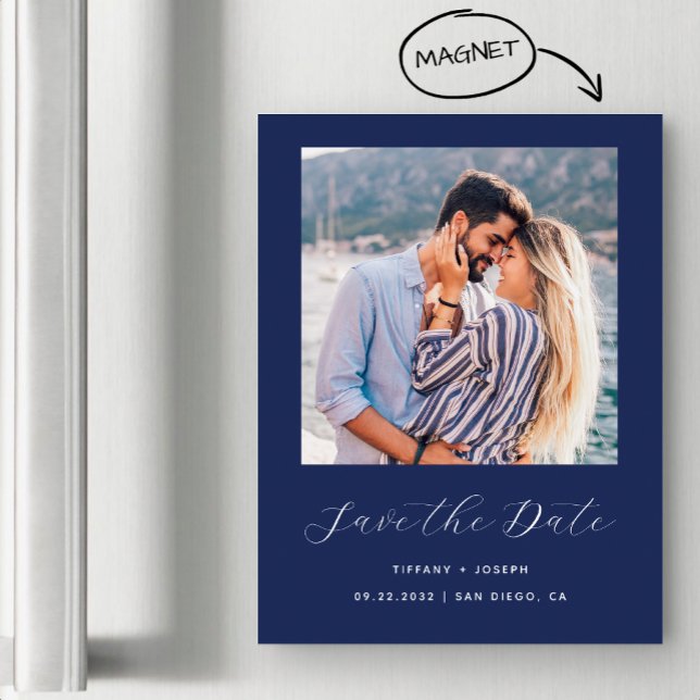 Minimal Foto Script Navy Blue Magneteinladung (Von Creator hochgeladen)