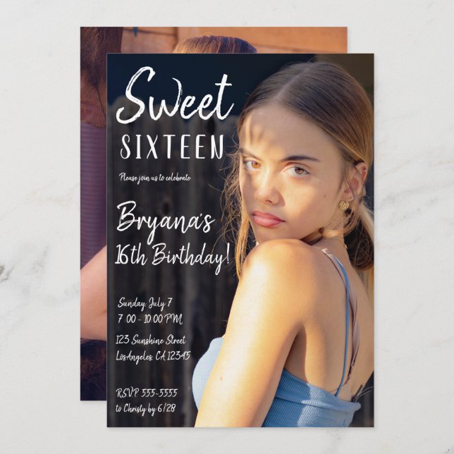 Minimal Foto Trendy Chic Sweet 16 Party Invitati Einladung (Vorne/Hinten)