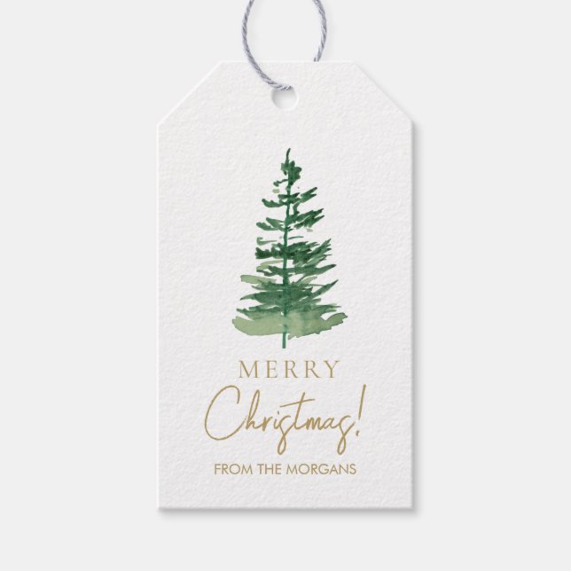 Minimal frohe Weihnachten Wasserfarben Pine Custom Geschenkanhänger (Vorderseite)